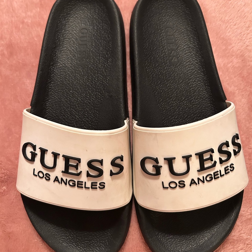 Guess Logo Slide Sandals in Black and White